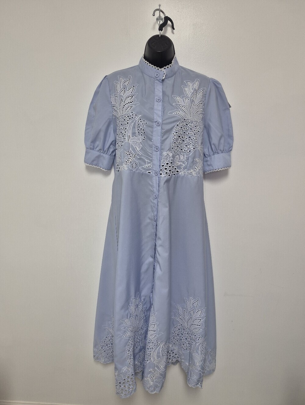 Handmade Embroidered Novelty Fruit Light Blue and White Embroidered Dress sz 8
